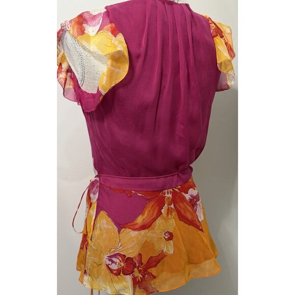 NEW Diane von Furstenberg DVF Wrap Blouse 100% Silk Orchid Lei Floral Sz 4 Pink - Picture 4 of 4